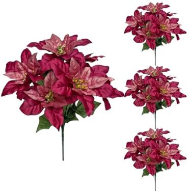 Imagem de Apol Pacote com 4 buquê de flores de seda vinho tinto de Natal, 7 cabeças de flores artificiais de poinsétia com folhas e haste para mesa de centro de mesa para decoração floral de festa de árvore de