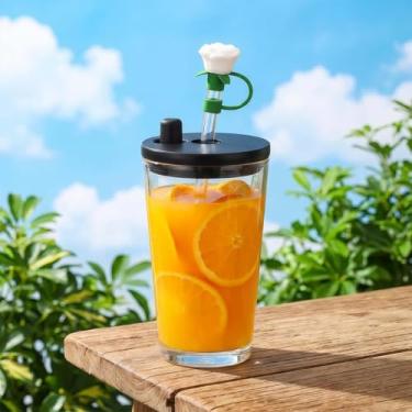 Imagem de Cobertura de palha de silicone de 8 a 10 mm com design de flor fofa, conjunto de capas de canudos reutilizáveis à prova de poeira inclui canudos, tampas de palha de grau alimentício para copo e copo