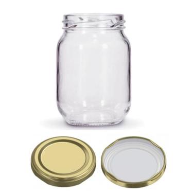 Imagem de Kit 100 unidades - Pote de vidro Redondo Conserva 267ml - Tampas Douradas