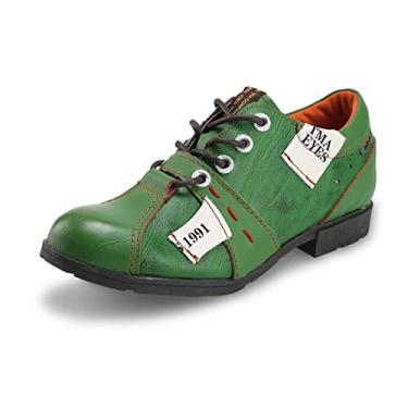 Imagem de TMA EYES & MAiA Sapatos femininos feitos à mão com costura de couro com cadarço salto baixo feminino casual, Verde, 38