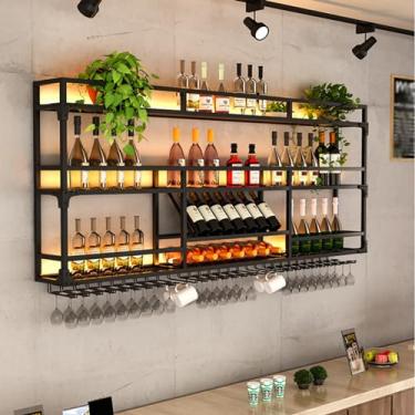 Imagem de Rack de vinho moderno montado na parede com luz LED, prateleira de exibição de garrafa de licor suspensa de metal, prateleiras de armazenamento flutuantes para unidade de bar com suporte de taça de