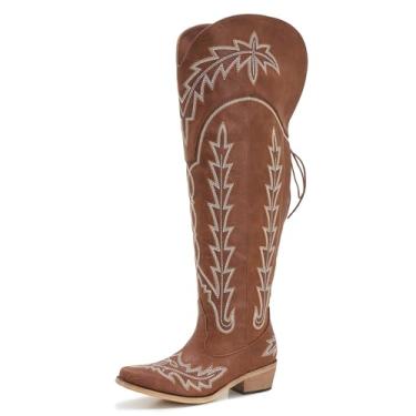 Imagem de Botas caubói femininas de cano largo acima do joelho marrom gravata ajustável botas cowgirl plus size salto baixo bico quadrado longo, Marrom, 9 Wide