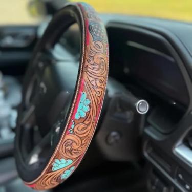 Imagem de Capa de volante universal para carro cowboy ocidental retrô ocidental, couro pintado à mão, acessórios de carro ocidental, design antiderrapante fácil de instalar. (#E)