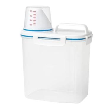Imagem de Pote Hermético Multiuso com Dosador, 1,5kg, Transparente Branco e Azul, Tampa Vedação Borracha, Copo Medidor Integrado, 21x15x9cm