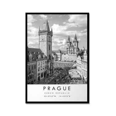 Imagem de Pôster de viagem preto e branco impressão de paisagem da cidade do mundo pintura em tela Praga Wall Art Picture Decoração de casa (16 x 24 polegadas (40 x 60 cm), moldura de metal)
