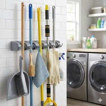 Imagem de Suporte Organizador Multiuso para Parede, 5 Espaços e Ganchos para Vassouras e Rodos, Resistente até 8kg, 41.7 x 6.6 x 8.7 cm, com Buchas e Parafusos