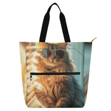 Imagem de Cool Long Hair Cat Sunglasses Book Tote Bag para crianças, mulheres, professores, trabalho, escola, bolsa de ombro com zíper