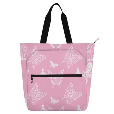 Imagem de GAIGEO Bolsa feminina de trabalho rosa com borboletas brancas de lona com zíper bolsa de praia para professores com compartimentos