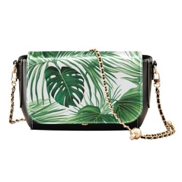 Imagem de Bolsa transversal floral laranja e amarela em couro bege com aba, bolsas de ombro femininas tamanho médio, Folhas de palmeira tropicais verdes - 5, One Size