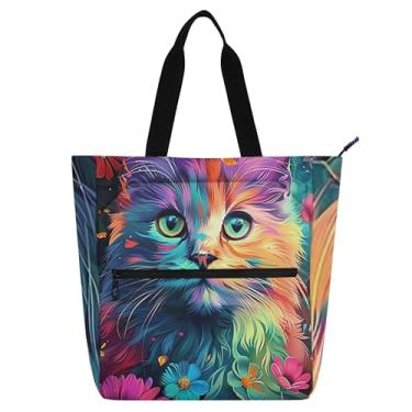 Imagem de GAIGEO Sacolas femininas coloridas com flores de gato para trabalho, lona, praia, livros, bolsa utilitária com zíper, bolsa infantil com compartimentos