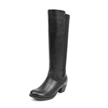 Imagem de VJH confort Botas femininas de cano alto, bico redondo, salto baixo, elástico, confortável, cano largo, botas de equitação, Preto, 6.5