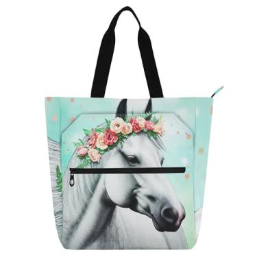 Imagem de GAIGEO Sacola de livro com coroa floral cavalo cinza para crianças e professoras reutilizável com zíper lona bolsa de trabalho escolar