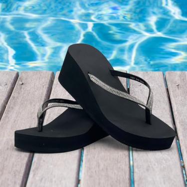 Imagem de Sandálias femininas com strass, chinelos, plataforma, chinelos de cunha, sapatos de casamento, caminhada na praia, Preto, 39