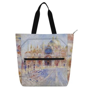 Imagem de GAIGEO Bolsa feminina com estampa Venice Piazza Auguste Renoir para trabalho, lona, praia, livro, com zíper, bolsas para professores, amantes de livros