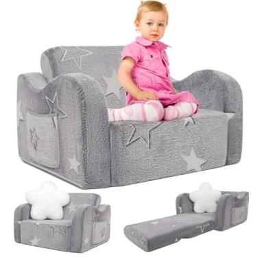 Imagem de LOSEEF Sofá infantil, 2 em 1 para crianças, macio, dobrável com travesseiro macio, sofá conversível para espreguiçadeira para meninas e meninos, estrela cinza