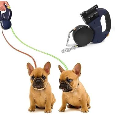 Imagem de Guia duplo para cães com coleira retrátil para animais de estimação, para passear, extensível, flexível, corda de tração de duas cabeças, com luz LED (Gary)