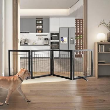 Imagem de Cerca interna para cães – Portão independente para cães com 4 painéis para portas, corredores, casa ou escadas - 203 x 81 cm retrátil dobrável expansível para animais de estimação da SFJC (preto)
