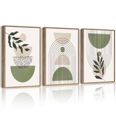 Imagem de Drsoum Arte de parede boêmio verde botânica emoldurada moderna sálvia boêmia decoração de parede linhas geométricas abstratas impressões prontas para pendurar moldura natural 30 x 40 cm