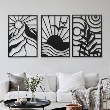 Imagem de AMAATE Conjunto de arte de parede abstrata moderna, impressões em tela preto e branco, design geométrico de 4 painéis para decoração de sala de estar (Art Deco, conjunto de 3 peças - Sol, 37 x 57 cm)