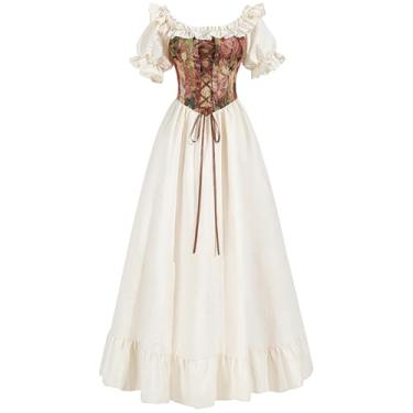 Imagem de FCCAM Fantasia Renascentista Feminina Floral Medieval Vestido Vitoriano Branco Manga Curta Vestidos Espartilho M
