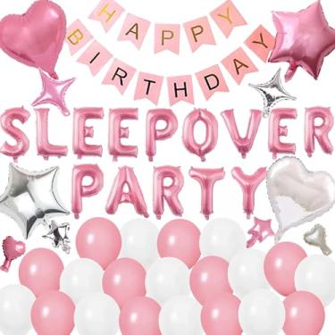 Imagem de 45 peças de decoração de festa do pijama rosa balões de festa de aniversário, faixa de feliz aniversário, balões de estrelas para meninas, pijama, festa do pijama, noite fora, decoração de festa (rosa