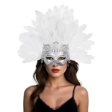 Imagem de UQJE Máscara veneziana de penas para mulheres, baile de máscaras de luxo para Halloween, carnaval e festas glamorosas, Branco-1, tamanho �nico