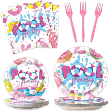Imagem de Qyeahkj Conjunto de 25 convidados pratos de festa na piscina, guardanapos, garfos, suprimentos, utensílios de mesa descartáveis, pratos de papel, louça de verão, decoração de festa na piscina, lembrancinhas