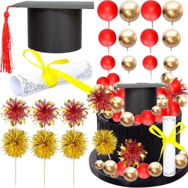 Imagem de Ephlyn Pacote com 42 topos de bolo de formatura 2025, bolas de diploma com borla, fogos de artifício, parabéns, decorações de bolo de graduação para ensino médio 2025, suprimentos de graduação para