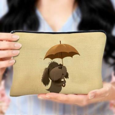 Imagem de Linda bolsa de maquiagem de cachorro, bolsa de cosméticos de viagem com guarda-chuva amarelo, bolsa organizadora durável para mulheres, acessórios para amantes de cães, presentes de aniversário de