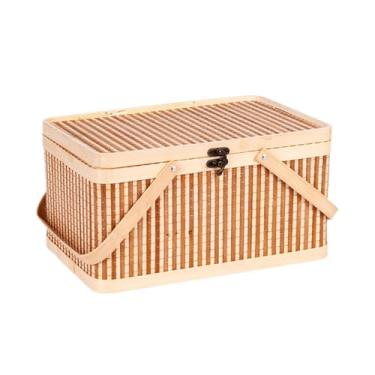 Imagem de Fenteer Cesta de em bambu trançado, portátil, com tampa e alça, ideal para, frutas, pães, cozinha e atividades ao ar livre, Marrom Claro