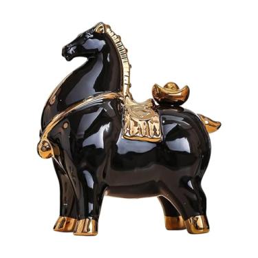 Imagem de predolo Estatueta de cavalo em cerâmica, ornamento de mesa, escultura de cavalo para de entrada, quarto, centro de mesa, lareira ou estante, Cavalo Preto E Dourado