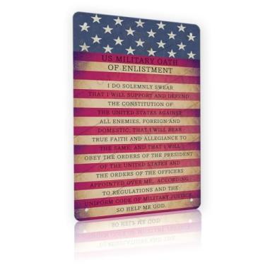 Imagem de Decoração da bandeira americana juramento militar dos EUA de alistamento placa de metal vintage soldado patriótico marinha força aérea exército casa quarto sala de estar pôster mural homem presente 20
