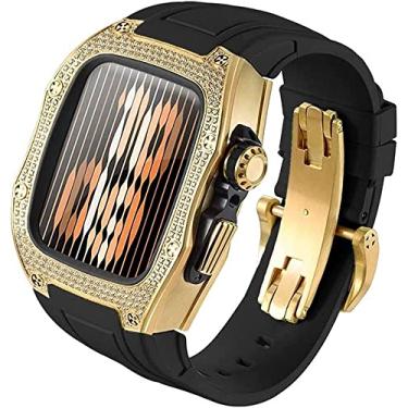 Imagem de MAALYA Capa protetora completa de diamante de metal Link de borracha, para Apple Watch 8 7 45/44mm, pulseira de relógio Fluororubber com fecho Designer Mod kit acessórios para Iwatch 44mm 6 5 4 SE (Cor: GBlack, Tamanho: 4