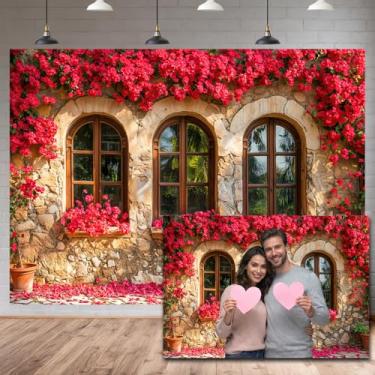 Imagem de NYMB Pano de fundo para o dia dos namorados, buganvílias vermelhas, parede de pedra arqueada, pano de fundo romântico para fotografia de jardim romântico para casamento, festa de aniversário, chá de