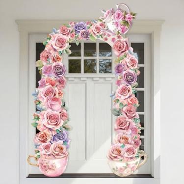 Imagem de Mindsoft Banner floral para varanda de festa de chá floral tema país das maravilhas decoração de porta guirlanda de foto adereços de fundo para aniversário, chá de bebê, chá de chá, cabine de fotos