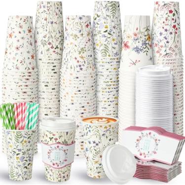 Imagem de Jingmore 48 conjuntos de copos de café de papel descartáveis de 473 ml com tampas, mangas, canudos, copos de papel natalino, para bebidas quentes e frias, casa, negócios, café, artigos de festa de