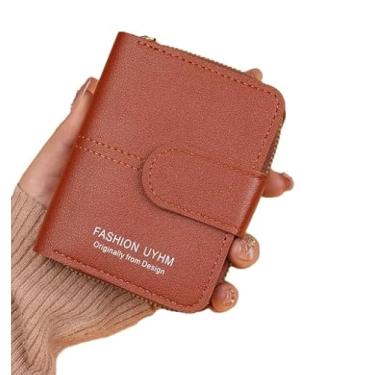 Imagem de Carteira feminina de couro genuíno com dobra dupla/tripla - Suporte minimalista para cartão de crédito com bloqueio de RFID e bolso para moedas, Marrom, Casual