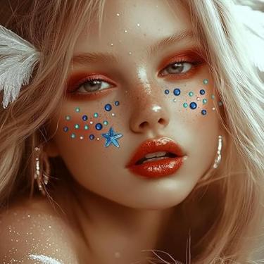 Imagem de Pacote com 2 adesivos de rosto de strass azul - joias faciais para bochechas, unhas - decalques autoadesivos de estrelas e pedras brilhantes (azul)