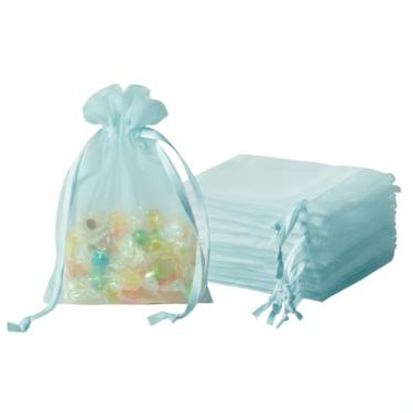Imagem de QIANF 20 sacos de organza azul bebê 12,5 x 17,8 cm para lembrancinhas de casamento com cordão, sacos de presente de malha, bolsa de joias para doces chá de panela, lembrancinha de chá de bebê de Natal