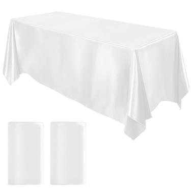 Imagem de MCEAST 2 pacotes de toalha de mesa de cetim 250 x 137 cm retangular capa de mesa de seda brilhante decoração de mesa de tecido liso para decoração de banquete de casamento (branca)