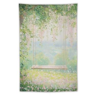 Imagem de Tapeçaria de balanço de videira de flor de primavera, pintura a óleo, prado de flor rosa, decoração de jardim romântico para sala de estar, quarto, decoração de arte de natureza sazonal macia
