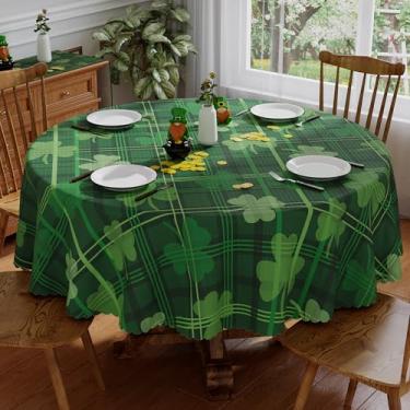 Imagem de Toalha de mesa redonda para o dia de São Patrício 177 x 187 cm, toalha de mesa lavável xadrez verde trevo Lucky St Patricks primavera férias impermeável borda recortada toalha de mesa decoração de