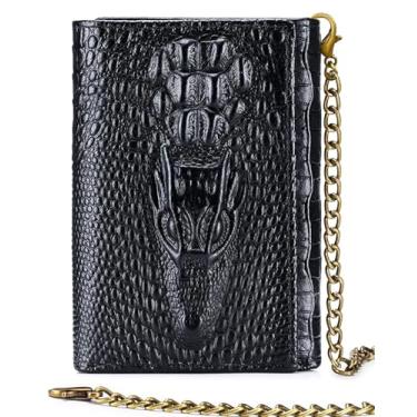 Imagem de Carteira masculina de couro bovino genuíno Steel Lion – Design em relevo de crocodilo com grande janela para identidade, 15 compartimentos para cartão e bolso de moedas com zíper embutido, inclui
