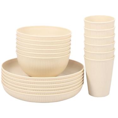 Imagem de 18 peças de copos de piquenique listrados de plástico para crianças e idosos disponíveis na máquina de lavar louça, pratos de acampamento leves, tigelas versáteis, kit de utensílios de mesa