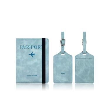 Imagem de Suporte de passaporte para viagem com bloqueio de RFID, carteira de passaporte, capa para passaporte, porta-livros, para homens e mulheres, com etiqueta de bagagem, Azul claro, Livro
