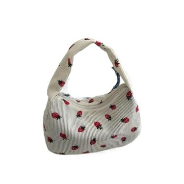 Imagem de Bolsa feminina pequena de veludo cotelê com estampa fofa, bolsa axila, design de meia lua, mini bolsas de ombro, Branco, One Size