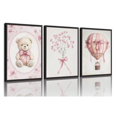 Imagem de 3 peças de arte de parede rosa para quarto de bebê menina pôsteres de decoração de parede de berçário com urso de pelúcia balões de ar quente flores e arcos imagens em tela fofas para quarto de