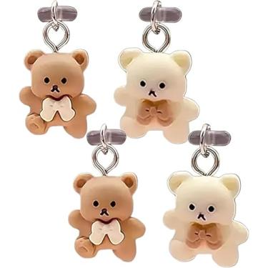 Imagem de 4 peças bonito plugue de poeira USB C, capa de plugue de poeira tipo C de urso de desenho animado, plugue de poeira tipo C com pingentes de urso, protetor de porta de carregamento de telefone, capa