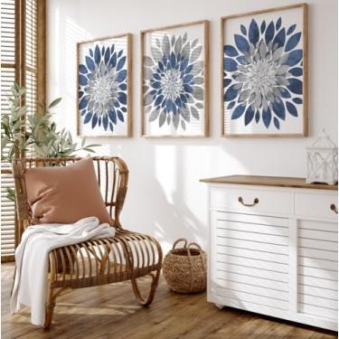 Imagem de Conjunto de 3 peças de arte de parede de flor azul cinza explosão de pétalas de dália pôsteres de pintura em tela para casa de fazenda, banheiro, casa, sala de estar, decoração pronta para pendurar