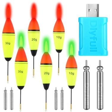Imagem de Grinsvalley Conjunto de 9 peças de bobinas de pesca com luz LED, 6 boias deslizantes com 2 baterias recarregáveis Cr425 e 1 conjunto de carregador para pesca noturna, vermelho e verde